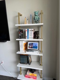 Book Shelves White with Brass Mounted on Wall