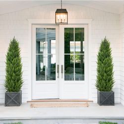 Set of 2 Briful Artificial Cedar Topiary Trees Outdoor Indoor 5ft Faux Shrubs Cypress Tree UV Resistant Potted Floor Plant Fake Evergreen Plants for H