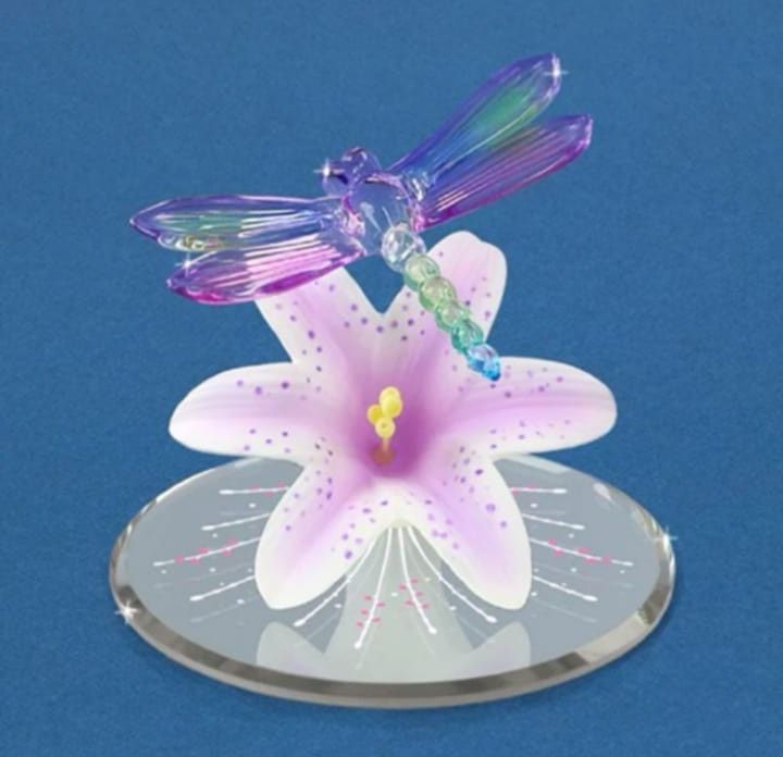 Dragonfly & Lavender Tiger Lily Glass Figurine With Mirrored Base 