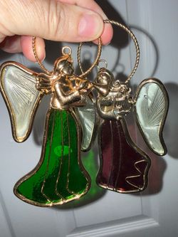 Vintage Stained Glass Angel Ornaments Suncatchers Brass Wire Green Red Set of 2