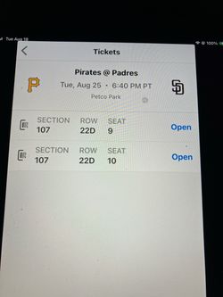 2 PADRES/ PIRATES TICKETS, TUESDAY, 8/25, SEC 107, ROW 22D
