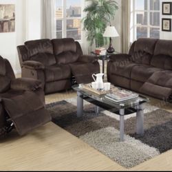 New Brown Fabric 3pc Reclining Sofa Love Seat And Recliner Couch Set 
