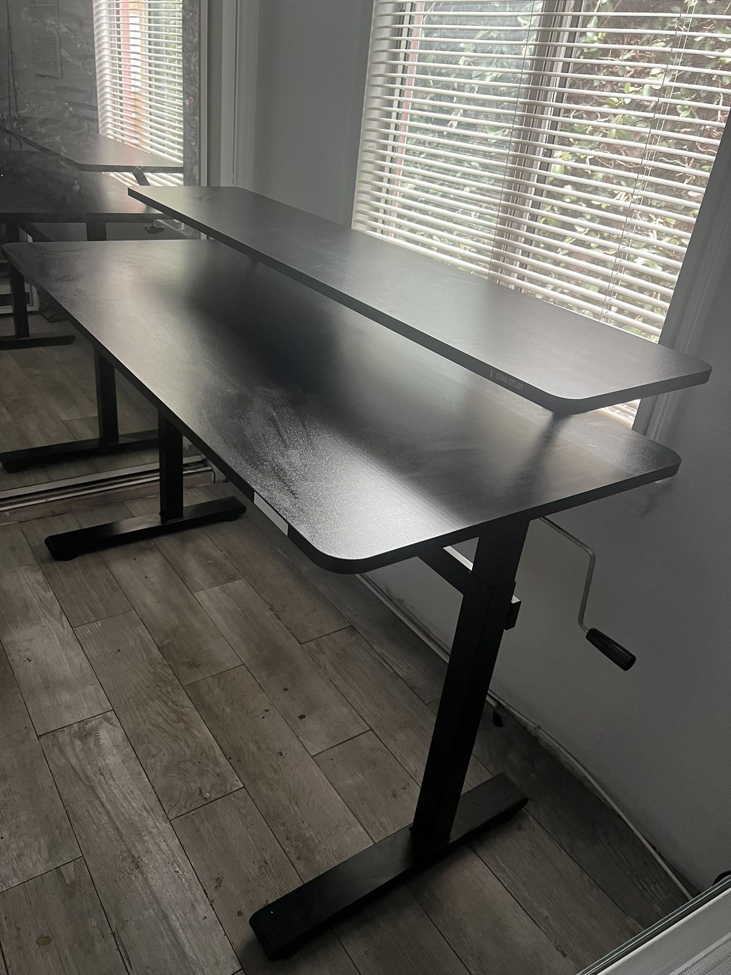 Stand Steady Tranzendesk 55 in Standing Desk with Clamp On Shelf | Crank Height Adjustable Stand Up Workstation with Attachable Monitor Riser