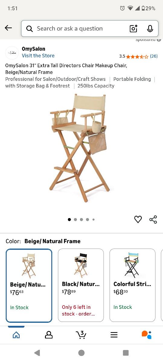 OmySalon 31" Extra Tall Directors Chair Makeup Chair, Beige/Natural Frame
Professional for Salon/Outdoor/Craft Shows Portable Folding with Storage Bag