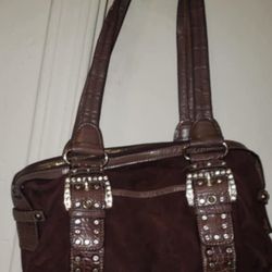 EXCELLENT CONDITION RARE KATHY VAN ZEELAND TIMES SQUARE CHOCOLATE BROWN SUADE SWAROVSKI CRYSTAL BAG TOTE HOBO SATCHEL HANDBAG PURSE