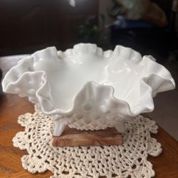 Vintage Fenton Ruffled Hobnob 3 Footed Candy Dish 8” White Milk Glass
