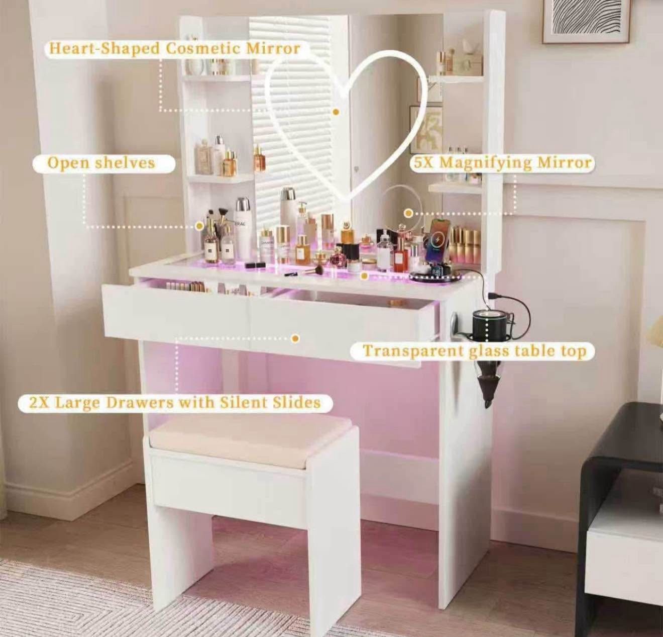 Vanity White Desk with Mirror and Lights Heart Strip, RGB Led, Glass Top Bedroom Dresser New in box