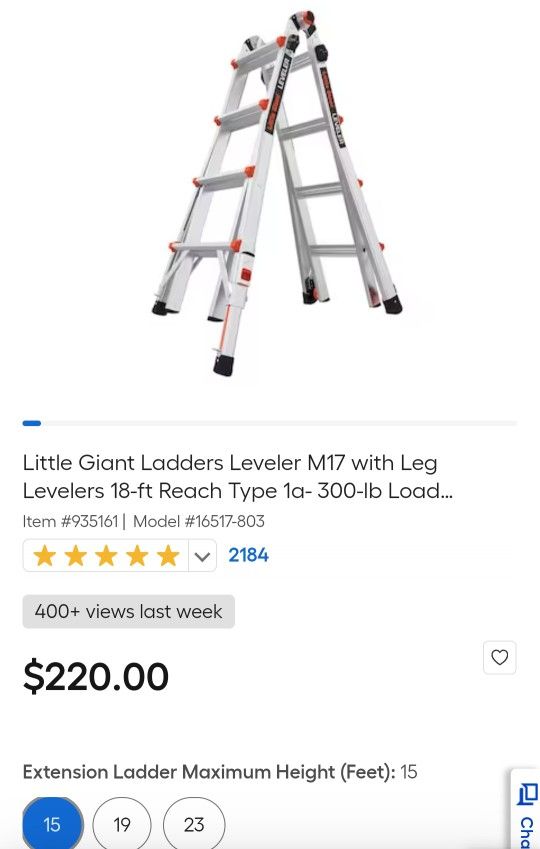 Little Giant Ladders Leveler M17 with Leg Levelers 18-ft Reach Type 1a- 300-lb Load Capacity Telescoping Multi-Position Ladder
Item #935161