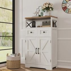 White farmhouse storage cabinet with doors and drawers