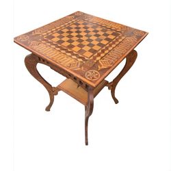 Vintage checkered chess table side table game table accent table carved wood 