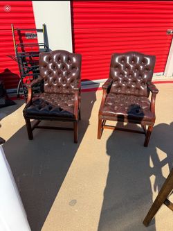 Pair of Tufted Leather Armchairs with Nailhead Trim