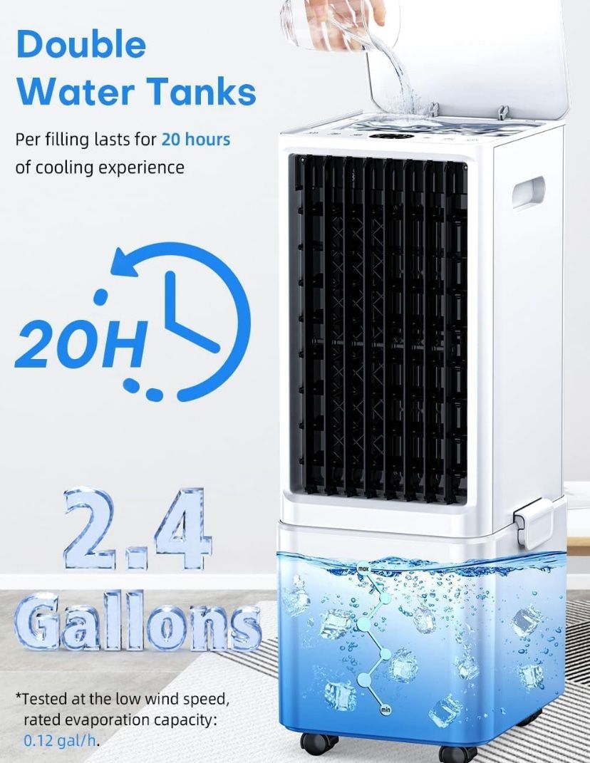 Windowless Air Conditioner w/ 4 Modes & 3 Speeds, Waterless Alert, 2.4-Gal Tank for 20H Cooling, 12H Timer, 20FT Remote, 70° Auto Swing Evaporative Ai