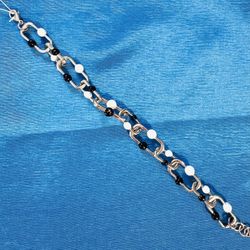 UNIQUE Designer S Silver Chain Bracelet w Black & White real ENAMEL