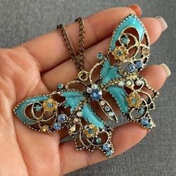 Vintage Turquoise Oil Dripping Butterfly Necklace 