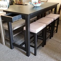 Brand New 66x24x36H Espresso Counter Dining Table + 3 Gray Linen Chairs 