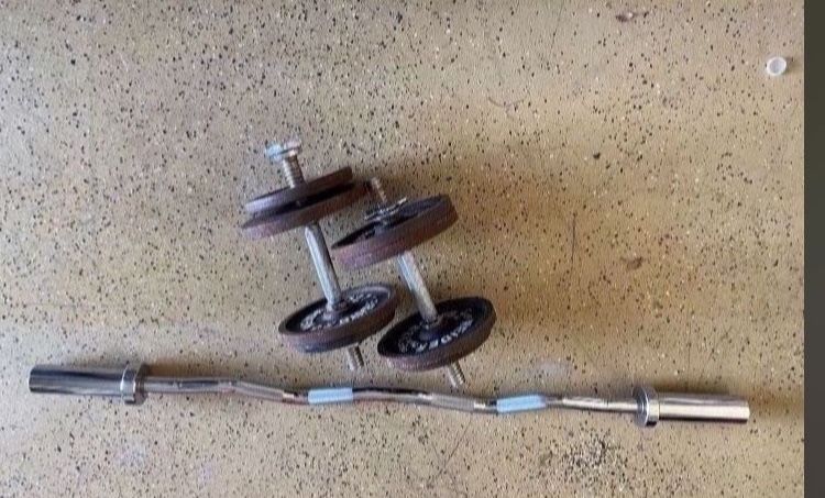 OLYMPIC CURL BAR AND 30 LBS SET DUMBBELLS