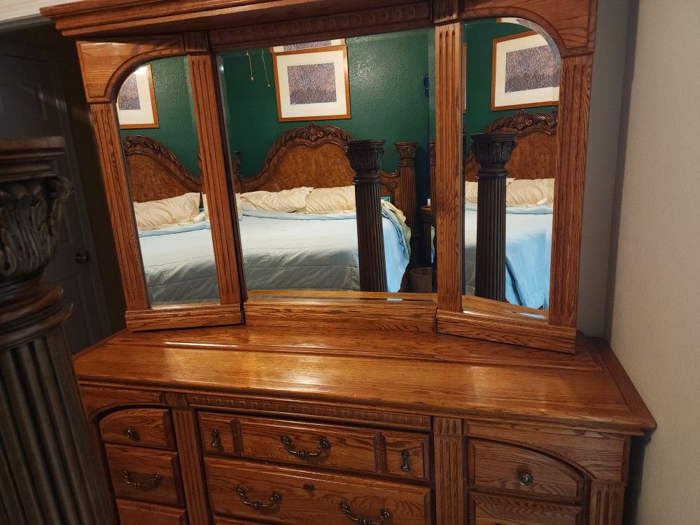 Oak Tri-Mirrored Dresser and Chest