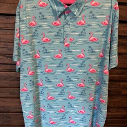 Birdie Bound 2XL XXL Mens Short Sleeve Polo Golf Shirt Blue Pink Flamingo