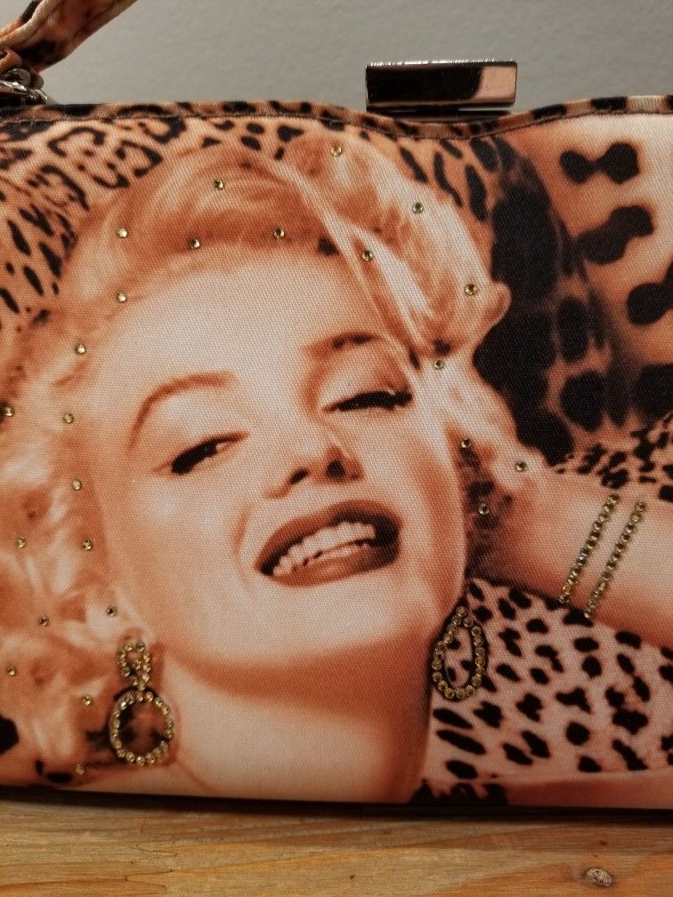 Marilyn Monroe Rhimestone Leopard Print Fabric Purse 10½"×3½"×6½ & 14" Strap