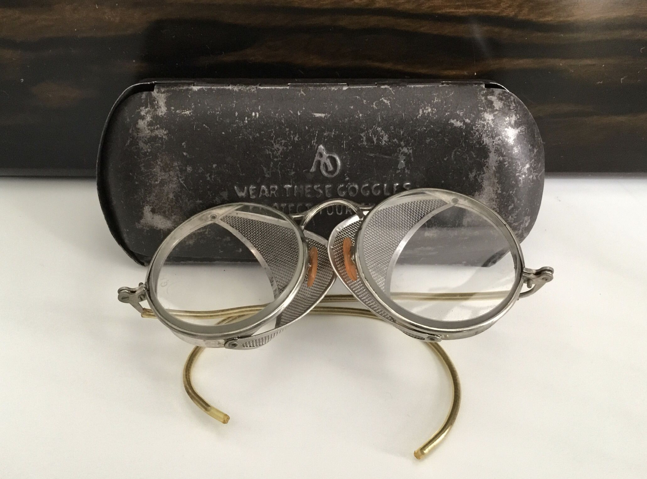 Antique Safety Shield Glasses Goggles w/ Metal Case