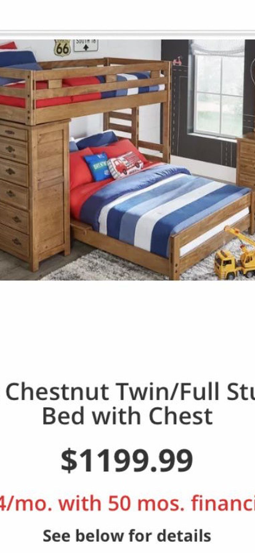 Double Chestnut Kids Bunk Bed Twin/Full With Chest Top Mattress Only