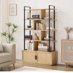 5 Tier Bookshelf With Storage Metal And Rattan