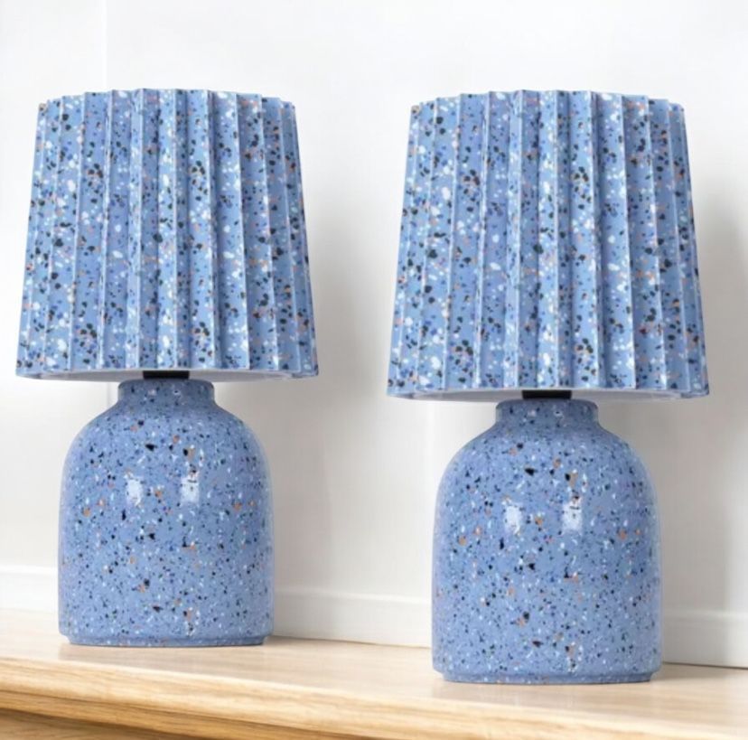 Set of 2 Mini Printed Ceramic Base Table Lamps with Printed Pleated Shades