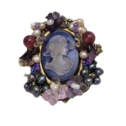 VTG STYLE Purple Cameo Brooch Metal Filigree Carved 1¾" Crystal Collection New  