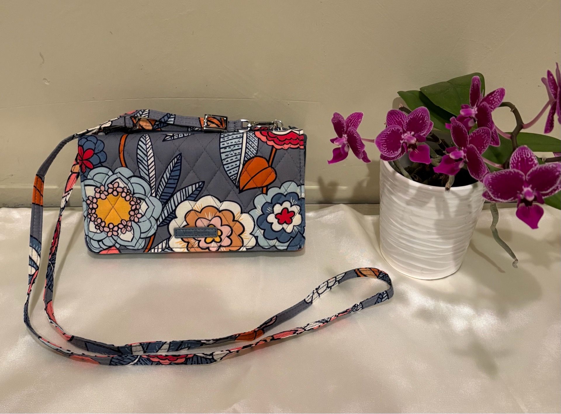 Vera Bradley Gray Floral Quilted Wristlet with Orange and Pink Accents NWT