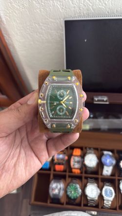 Watch with Clear Case and Green Rubber Strap