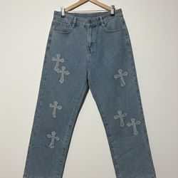 Blue Denim Jeans with Cross Accents, Gothic Theme, Straight Regular Fit, Pockets