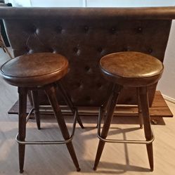Brown Tufted Leather and Wood Bar 