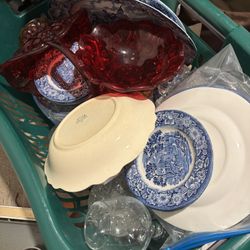 Basket Full Of Antique Dishes