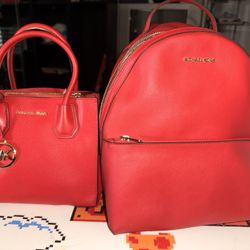 Michael Kors, Red Backpack, And Purse