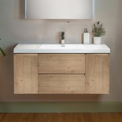 NJ48-NO-WH, 47-1/4 in. W x 19-5/8 in. D Wall Mounted Floating Vanity in Natural Oak with Resin Composite Vanity Top in Glossy White