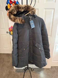 NWT Pefflarge Cozy Hooded Puffer Coat with Faux-Fur Trim - Dark Blue Size 3X