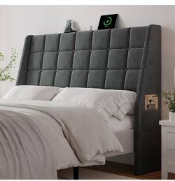 Brand New Headboard Queen Size with Charging Station, Dark Grey