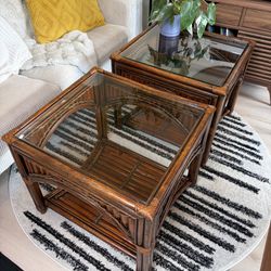 Vintage Pair Of Rattan Glass Top End Tables