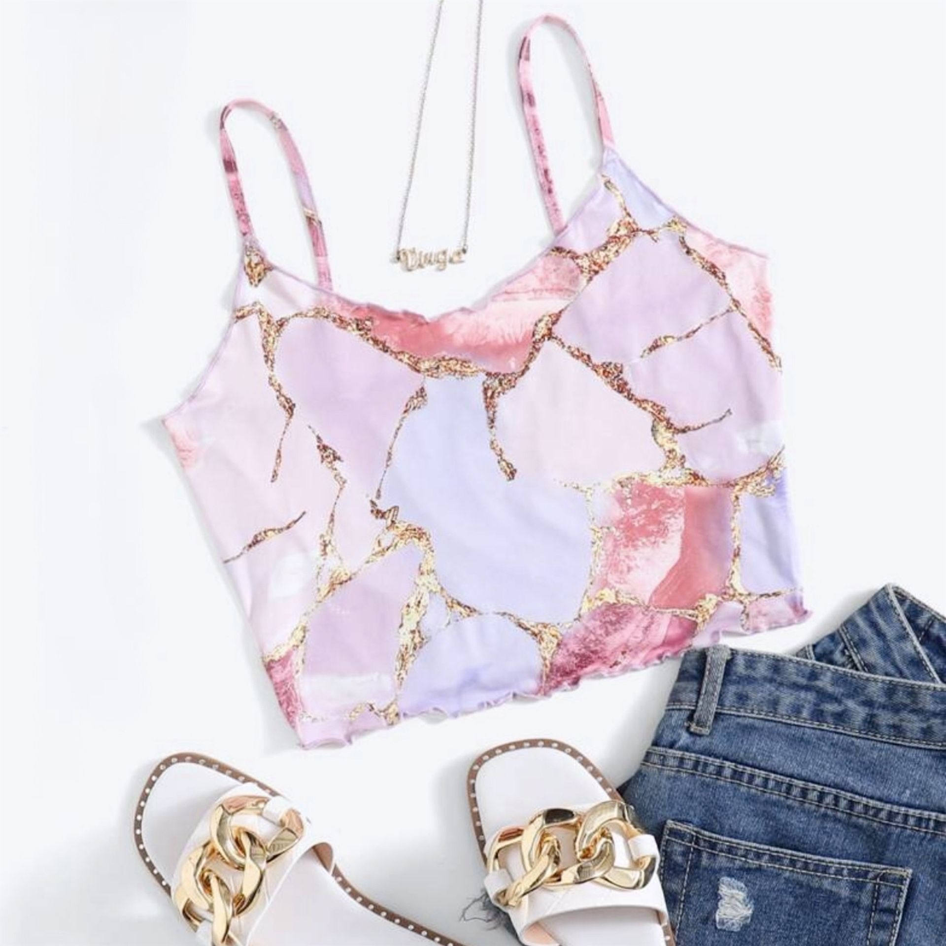 New Pink Purple Gold Marble Print Curly Trim Hem Crop Cami Tank Top - Small (4)