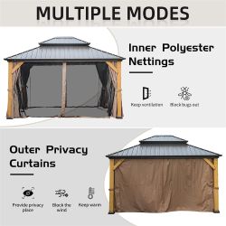 12'x14' Hardtop Gazebo, Outdoor Cedar Wood Frame Canopy with Galvanized Steel Double Roof, Outdoor Permanent Metal Pavilion with Curtains and Netting 