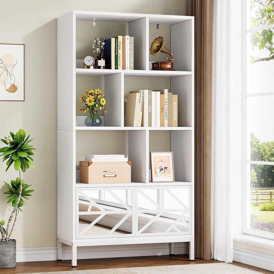5-Tier Bookcases with Doors, 63" Tall Bookshelf, White Bookshelves with Storage Cabinet, Modern Display Shelf for Living Room, Bedroom, Home Office