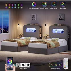 2pcs, Twin LED Bed Frame with Storage Headboard and Charging Station, Boys Bed Frame with 2 Drawers and USB Ports, Velvet Upholstered Platform Bed Fra