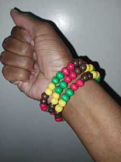 Red, Green, Yellow & Brown Wood Bead Bracelets 