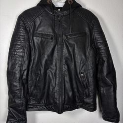 Kocmoc Black Leather Full Zip Removable Hood Jacket Large
