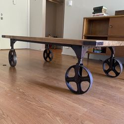 Industrial Cart Coffee Table With Cast Iron Wheels