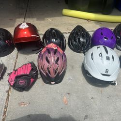 9 Helmets Plus 2 Softball Gloves 
