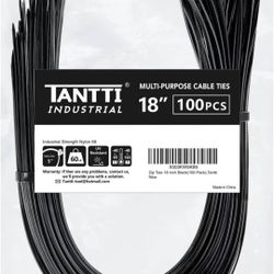 Zip Ties 18 inch (100 Pack), Black, 60lb Tensile Strength, UV Resistant Cable Ties for indoor and outdoor use, by Tantti Supply