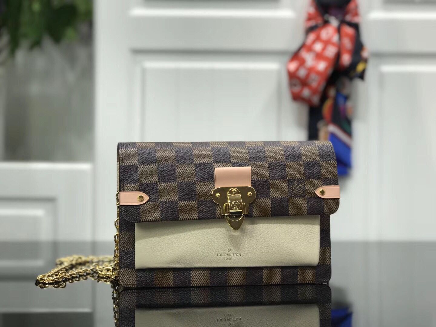 LOUIS VUITTON Damier Ebene Vavin Chain Wallet Creme | FASHIONPHILE