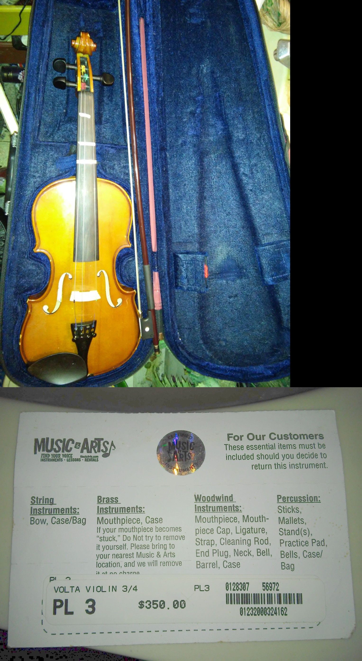 $350 Volta Student School Violin 3/4 PL3 S1503C Stentor Music w Case Bow