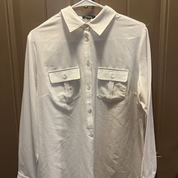 Classic White Button-Up Blouse by SuYong Moda | Long Sleeve Dress Shirt | Size L